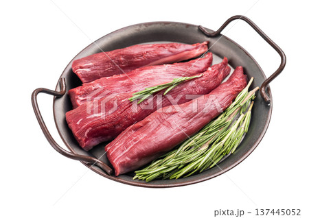 Ready for cooking raw lamb tenderloin fillet meat, fresh loin mutton isolated on white background. top view 137445052