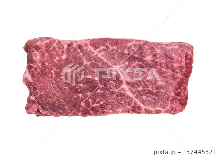 Raw wagyu topside beef with rich marbling isolated on white background. Premium red meat cut for gourmet cooking and butchery use. 137445321