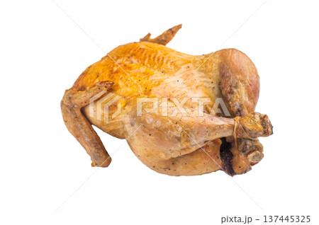 Whole roasted chicken with golden crispy skin isolated on white background. Classic homemade poultry dish with clean studio lighting 137445325