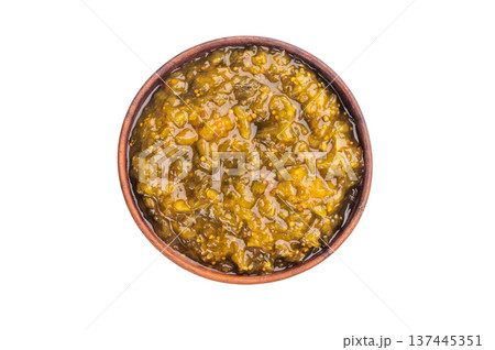 Green pickle relish made from cucumbers served in wooden bowl isolated on white background classic condiment and sauce Green pickle relish made from cucumbers served in wooden bowl isolated on white background classic condiment and sauce 137445351