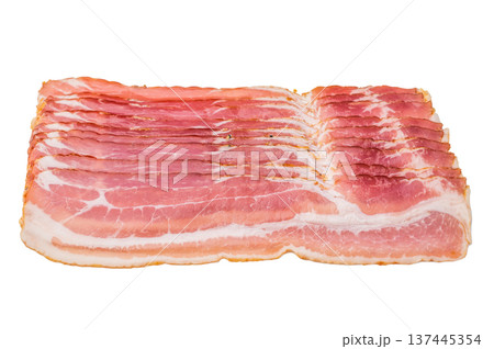 Raw cured pork bacon streaky slices with visible fat texture isolated on white ideal for breakfast and culinary use Raw cured pork bacon streaky slices with visible fat texture isolated on white ideal for breakfast and culinary use 137445354