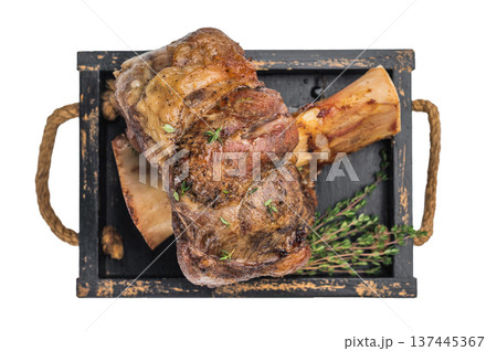 Slow cooked beef ossobuco bone marrow with herbs top view premium rustic food styling 137445367