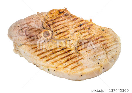 Grill cooked pork shoulder joint with bone isolated on white background tender seasoned meat with visible grill marks Grill cooked pork shoulder joint with bone isolated on white background tender seasoned meat with visible grill marks 137445369