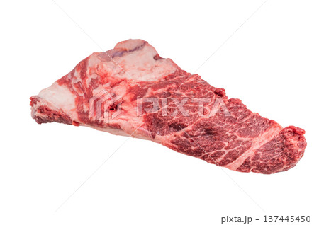Raw beef chuck shoulder cut with rich marbling and fat layers isolated on white background. Fresh meat for braising stew and slow cooking. Raw beef chuck shoulder cut with rich marbling and fat layers isolated on white background. Fresh meat for braising stew and slow cooking. 137445450