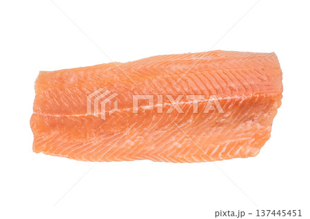 Raw Atlantic salmon fillet skinless pieces isolated on white background. Fresh seafood fish rich in protein and omega3.. Raw Atlantic salmon fillet skinless pieces isolated on white background. Fresh seafood fish rich in protein and omega3.. 137445451