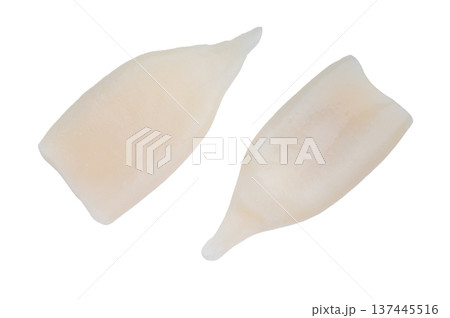 Fresh raw squid fillets calamari mantle seafood on a clean white background ideal for cooking photography and gourmet recipe content 137445516