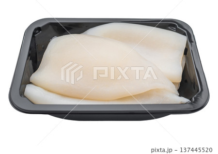 resh raw calamari tubes in a black tray on a light background ideal for seafood cuisine stock images and cooking concepts 137445520