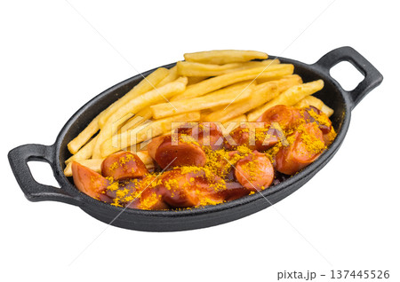 German currywurst with fries in a cast iron pan on white background ideal for street food visuals fast food ads and stock photography. German currywurst with fries in a cast iron pan on white background ideal for street food visuals fast food ads and stock photography. 137445526