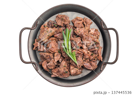 Slowcooked deer and moose meat ragout on textured grey stone backdrop, savory shredded wild game seasoned with herbs. Slowcooked deer and moose meat ragout on textured grey stone backdrop, savory shredded wild game seasoned with herbs. 137445536