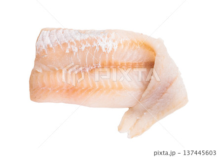 Uncooked Atlantic cod fillet, raw fish ready to be seasoned and transformed into a delicious meal. isolated on white background. top view Uncooked Atlantic cod fillet, raw fish ready to be seasoned and transformed into a delicious meal. isolated on white background. top view 137445603