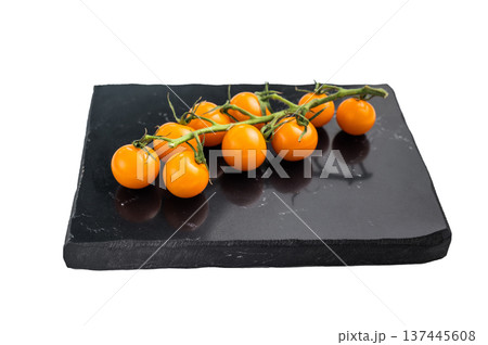Fresh small yellow cherry tomatoes assortment, mini organic cocktail tomate mix isolated on white background. top view 137445608
