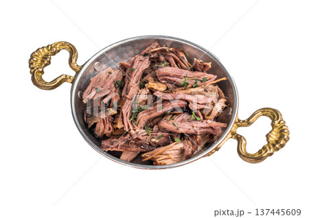 Close-up of succulent pulled brisket piled high on a rustic wooden board, garnished with fresh herbs, delicious meal isolated on white background. top view Close-up of succulent pulled brisket piled high on a rustic wooden board, garnished with fresh herbs, delicious meal isolated on white background. top view 137445609