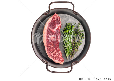 Raw rump cap steak, beef meat, showcasing its rich color and marbling. isolated on white background. top view Raw rump cap steak, beef meat, showcasing its rich color and marbling. isolated on white background. top view 137445645