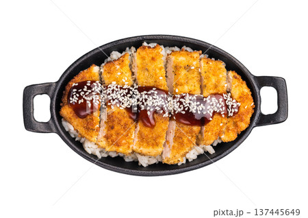 Crunchy Japanese cutlet katsu, seasoned to perfection and served with a side of rice and sauce. isolated on white background. top view 137445649