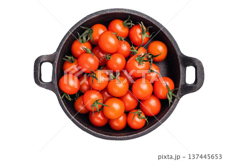 Juicy mini tomatoes, showcasing their sweet taste and glossy skin. Ideal for garnishing, roasting, or adding a pop of color to meals. isolated on white background. top view Juicy mini tomatoes, showcasing their sweet taste and glossy skin. Ideal for garnishing, roasting, or adding a pop of color to meals. isolated on white background. top view 137445653