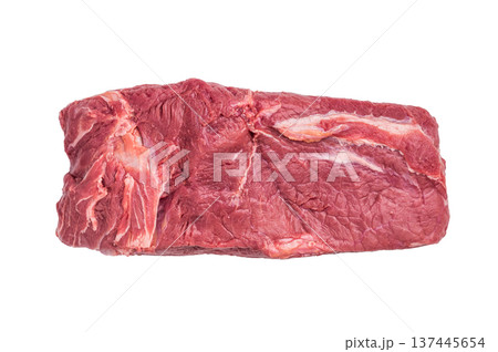 Close-up of raw horse meat, emphasizing its quality and freshness, ready to be transformed into exquisite dishes for adventurous palates. isolated on white background. top view Close-up of raw horse meat, emphasizing its quality and freshness, ready to be transformed into exquisite dishes for adventurous palates. isolated on white background. top view 137445654