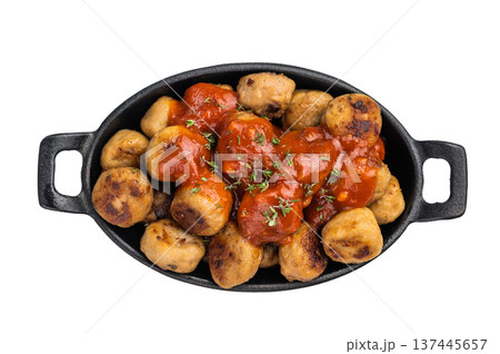 Hearty meatballs, beef balls, bursting with flavor and served in a rich tomato sauce. A beloved dish that combines tradition and taste for every occasion. isolated on white background. top view Hearty meatballs, beef balls, bursting with flavor and served in a rich tomato sauce. A beloved dish that combines tradition and taste for every occasion. isolated on white background. top view 137445657