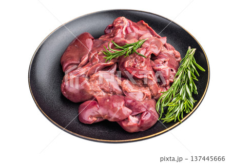 Raw chicken liver, featuring a glossy sheen and rich hue. A versatile ingredient that brings bold flavors to any culinary creation. isolated on white background. top view 137445666