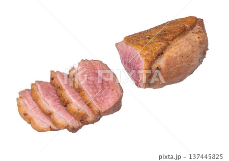 Sliced cooked duck breast with crispy skin on white background showcasing juicy tender meat ideal for gourmet food stock images. Sliced cooked duck breast with crispy skin on white background showcasing juicy tender meat ideal for gourmet food stock images. 137445825