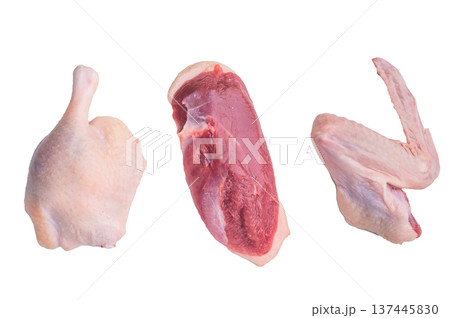 Raw duck thigh breast and wing arranged on white background ideal for gourmet poultry cooking and fresh ingredient stock images. 137445830