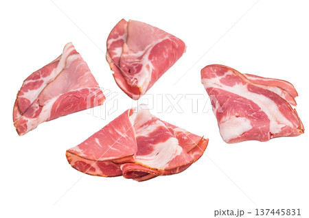 Authentic Italian cured coppa ham arranged on a bright white backdrop showcasing marbling perfect for culinary and food stock content. Authentic Italian cured coppa ham arranged on a bright white backdrop showcasing marbling perfect for culinary and food stock content. 137445831