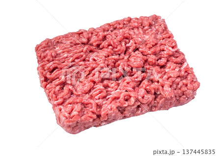 Fresh raw ground beef meat on a clean white background with detailed minced texture ideal for cooking, butcher themes and protein ingredient visuals. 137445835