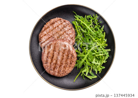 Grilled beef and pork meat patty paired with fresh veggies, an essential component for gourmet burgers. isolated on white background. top view 137445934