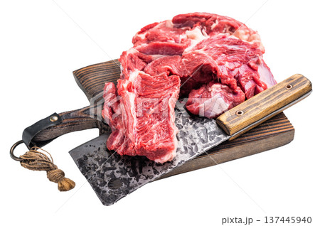 Beautifully marbled raw beef neck meat, perfect for enhancing your favorite recipes with rich flavors. isolated on white background. top view 137445940