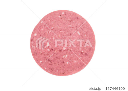 Thin round slices of Turkish salam beef sausage arranged on a clean white background ideal for deli food stock charcuterie and recipe visuals Thin round slices of Turkish salam beef sausage arranged on a clean white background ideal for deli food stock charcuterie and recipe visuals 137446100