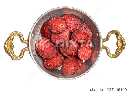 Fried Turkish sucuk (sujuk) slices in a traditional copper pan (sahan). Spicy sausage breakfast dish, top view. Fried Turkish sucuk (sujuk) slices in a traditional copper pan (sahan). Spicy sausage breakfast dish, top view. 137446140