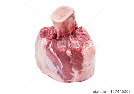 Raw veal shank with bone whole cut isolated on white background fresh uncooked meat ingredient for braising stew and osso buco 137446205
