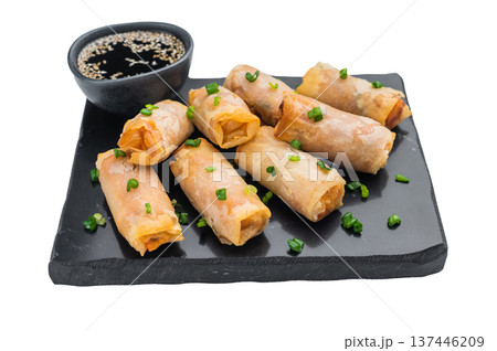 Fried Asian spring rolls Lunpia with scallions and soy sauce top view modern food presentation Fried Asian spring rolls Lunpia with scallions and soy sauce top view modern food presentation 137446209
