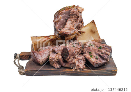 Tender veal ossobuco shank with juicy meat texture bone marrow and herbs rustic food presentation 137446213