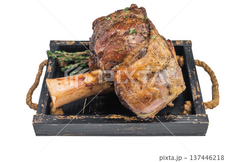 Slow cooked beef ossobuco bone marrow with herbs top view premium rustic food styling 137446218