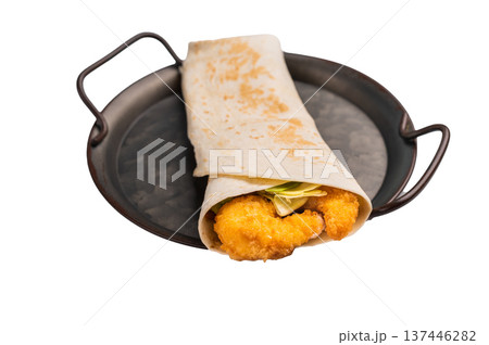 Seafood Wrap, Doner kebab with shrimps, prawns and salad isolated on white background Seafood Wrap, Doner kebab with shrimps, prawns and salad isolated on white background 137446282
