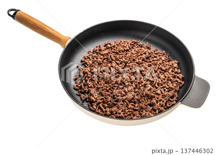 Frying Pan with fried mince beef meat, fresh cooked forcemeat isolated on white background Frying Pan with fried mince beef meat, fresh cooked forcemeat isolated on white background 137446302
