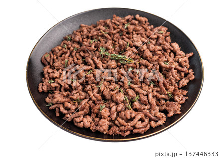 Fried mincemeat, cooked forcemeat in a plate isolated on white background 137446333