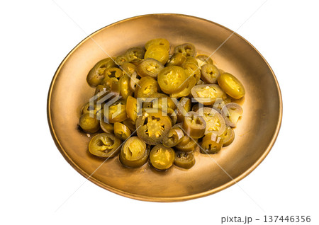 Pickled Jalapeno, Marinated Green Mexican pepper Slices isolated on white background Pickled Jalapeno, Marinated Green Mexican pepper Slices isolated on white background 137446356