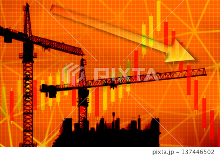 Mortgage and construction crisis concept, construction site cranes on the background of graphs in the red zone 137446502