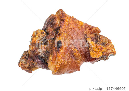 Roasted pork knuckle Schweinshaxe showing golden crackling rind, gelatin breakdown, browned protein texture and bone in structure in closeup. Roasted pork knuckle Schweinshaxe showing golden crackling rind, gelatin breakdown, browned protein texture and bone in structure in closeup. 137446605