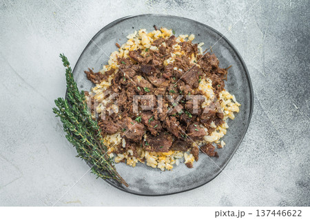 Turkish kavurma over pilaf showing browned fibers, maillard crust, collagen rich shredded meat and detailed macro texture on ceramic plate. Turkish kavurma over pilaf showing browned fibers, maillard crust, collagen rich shredded meat and detailed macro texture on ceramic plate. 137446622
