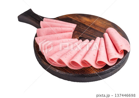 ologna or Mortadella slices fan folded and beautifully arranged on a dark, rustic wooden cutting board. ologna or Mortadella slices fan folded and beautifully arranged on a dark, rustic wooden cutting board. 137446698