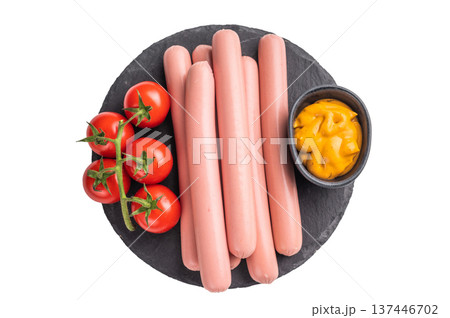 Raw pink hot dog sausages (frankfurters/wieners) on a clean white background. Essential, versatile image for food packaging and commercial use. Raw pink hot dog sausages (frankfurters/wieners) on a clean white background. Essential, versatile image for food packaging and commercial use. 137446702