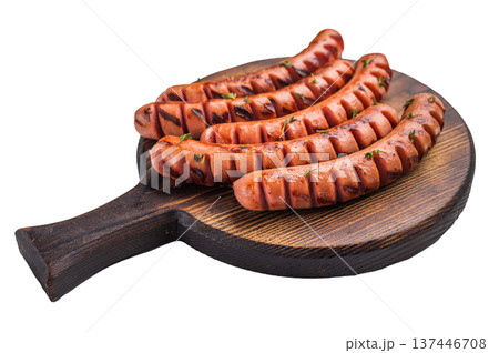 Top view of five cooked sausages with distinct grill marks. Excellent for a restaurant menu, food blog, or summer BBQ advertisement. Top view of five cooked sausages with distinct grill marks. Excellent for a restaurant menu, food blog, or summer BBQ advertisement. 137446708