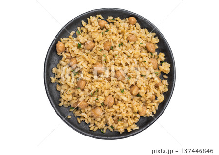 Homemade Turkish bulgur pilav nohutlu with chickpeas and thyme on black plate dark food background isolated Homemade Turkish bulgur pilav nohutlu with chickpeas and thyme on black plate dark food background isolated 137446846