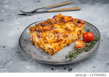 Homemade beef lasagna portion with baked cheese thyme garnish and cherry tomatoes on light stone background Homemade beef lasagna portion with baked cheese thyme garnish and cherry tomatoes on light stone background 137446902