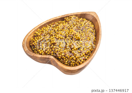 Traditional Dijon mustard condiment with seeds wooden bowl and spoon herbs flat lay on light isolated background Traditional Dijon mustard condiment with seeds wooden bowl and spoon herbs flat lay on light isolated background 137446917