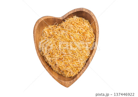 Kataifi shredded phyllo pastry dough in bamboo bowl isolated on white background. Traditional dessert ingredient flatlay Kataifi shredded phyllo pastry dough in bamboo bowl isolated on white background. Traditional dessert ingredient flatlay 137446922