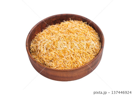 Raw kataifi pastry strands used for kunafa and Middle Eastern desserts. Thin shredded phyllo texture top view 137446924
