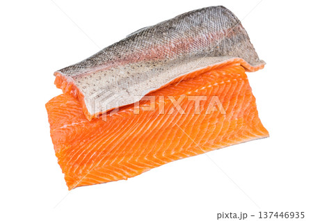 Raw salmon fillet with skin and skinless piece isolated on white background fresh seafood ingredient studio cutout Raw salmon fillet with skin and skinless piece isolated on white background fresh seafood ingredient studio cutout 137446935